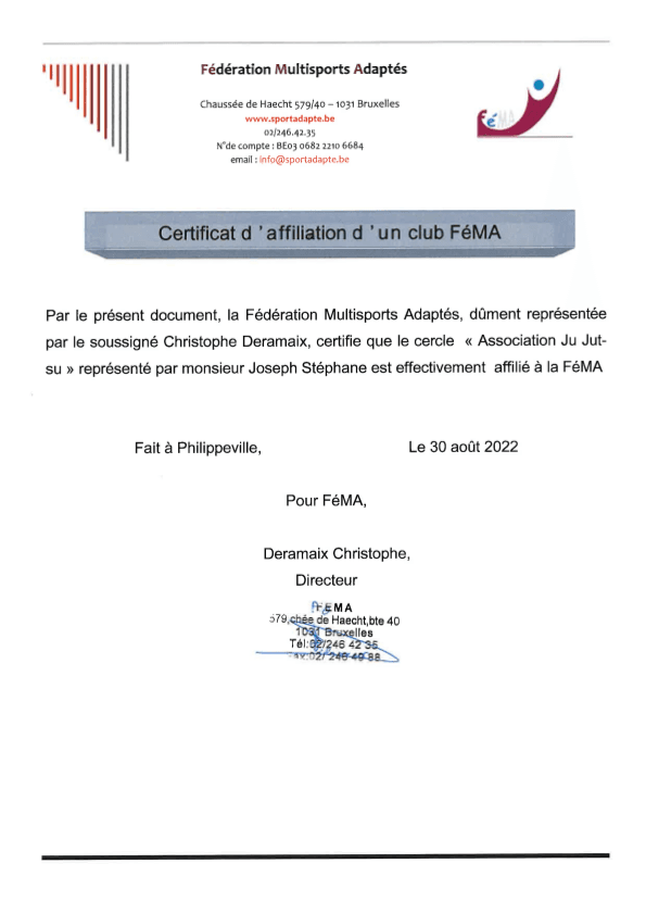 Certificat d'affiliation FEMA/Sportéa